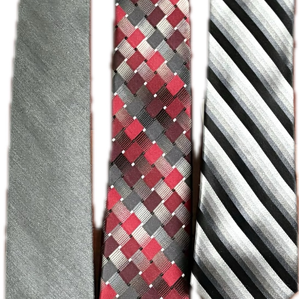 Men's Tie Set - Solid Gray, Red Checkered, Black Striped